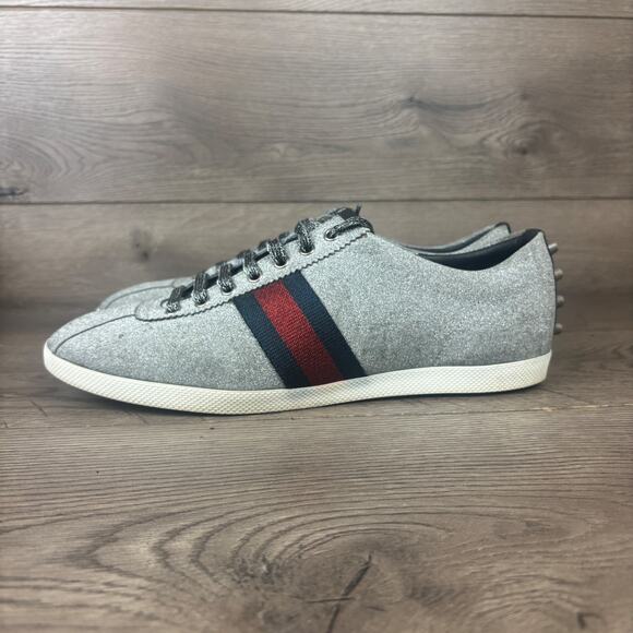 GUCCI 414684 Bambi Web Glitter Stud Silver Sneakers Men's 11.5 Low Top Shoes - Picture 2 of 16